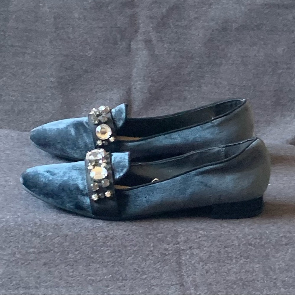 Zara Trafaluc🔷Midnight Blue Grey Velvet Bejeweled Flats